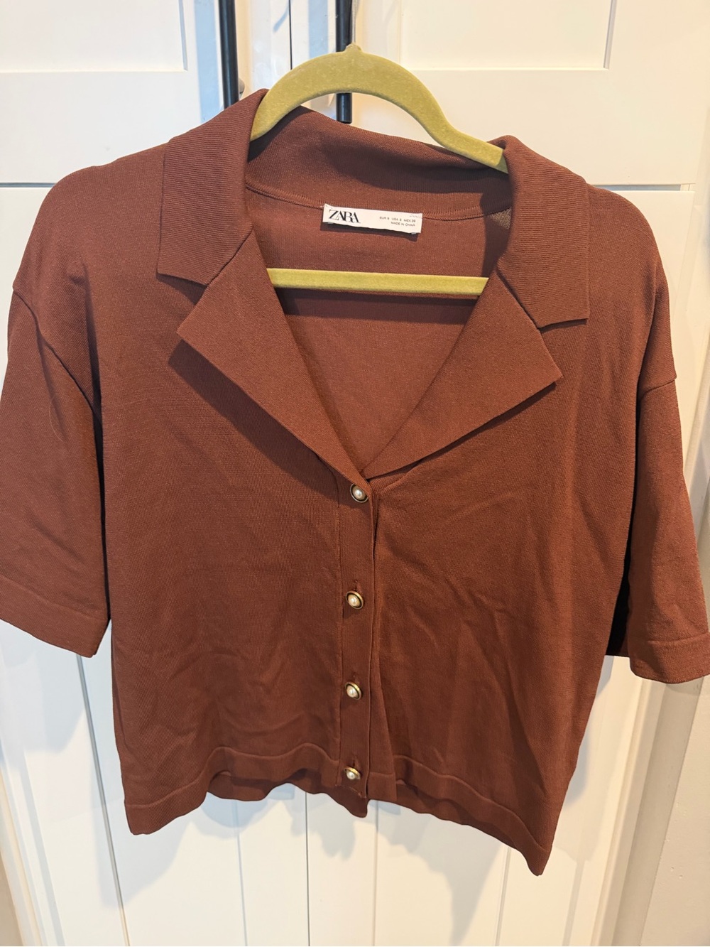 ZARA Short Sleeve Chocolate Brown Button-Up Top